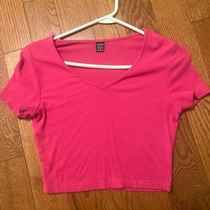 SHEIN Hot Pink Ribbed V-Neck Top
